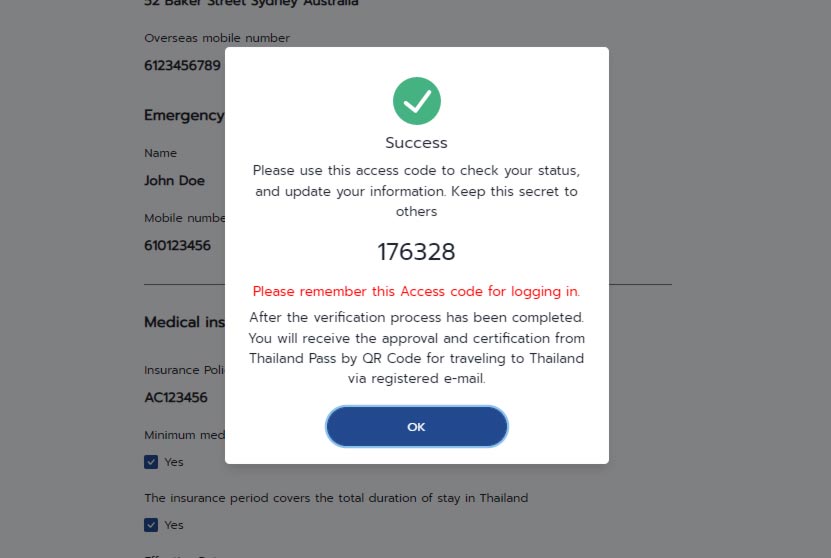 Thailand Pass Application Confirmation